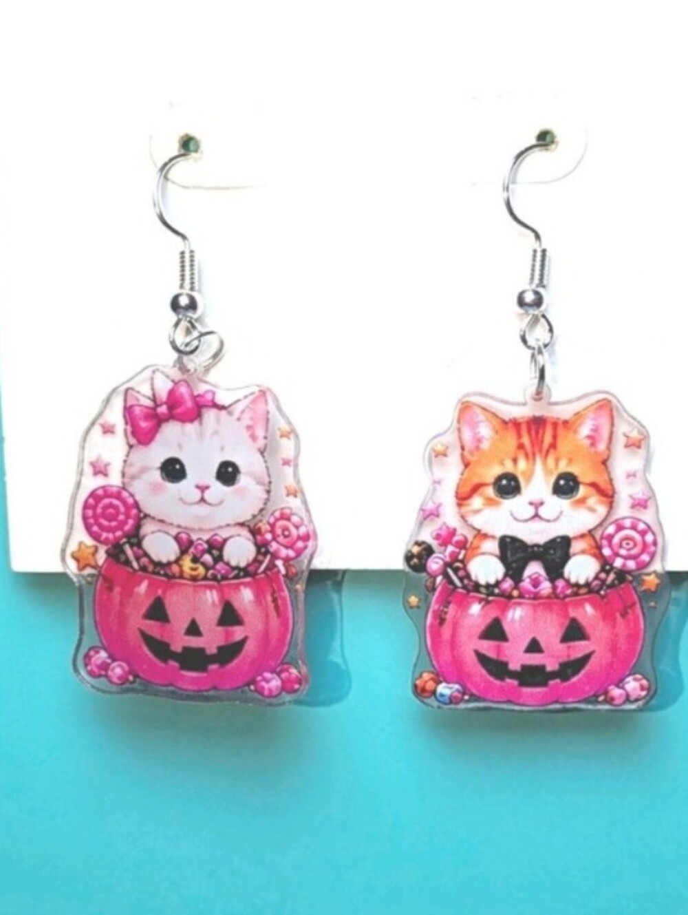 Pink Halloween Cat Dangle Earrings - Cute Kitty Pumpkin Design